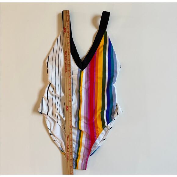 Rachel Roy One Piece Stripe Swimsuit Sz Small NWOT Rainbow Lattice Back Beach - Picture 9 of 9